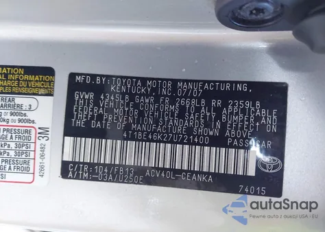 2007 Toyota Camry Le z USA, uszkodzony, nr VIN 4T1BE46K27U721400